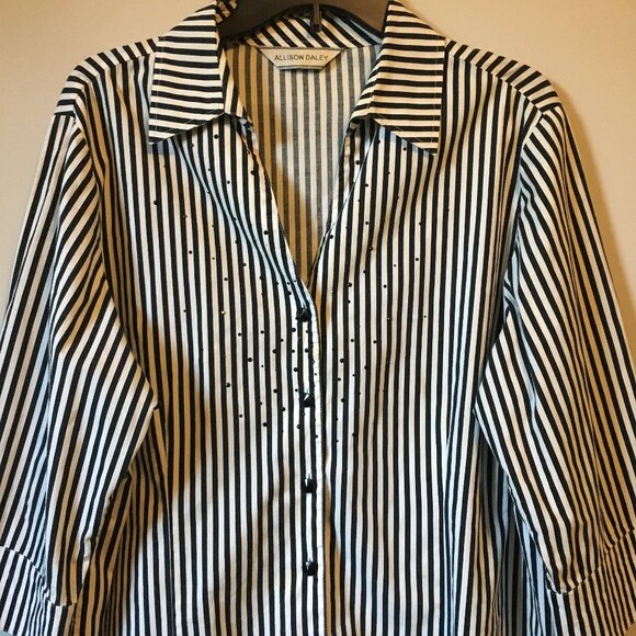 Gothic Beetlejuice Striped Button Down Rhinestone Shirt - Picture 3 of 16